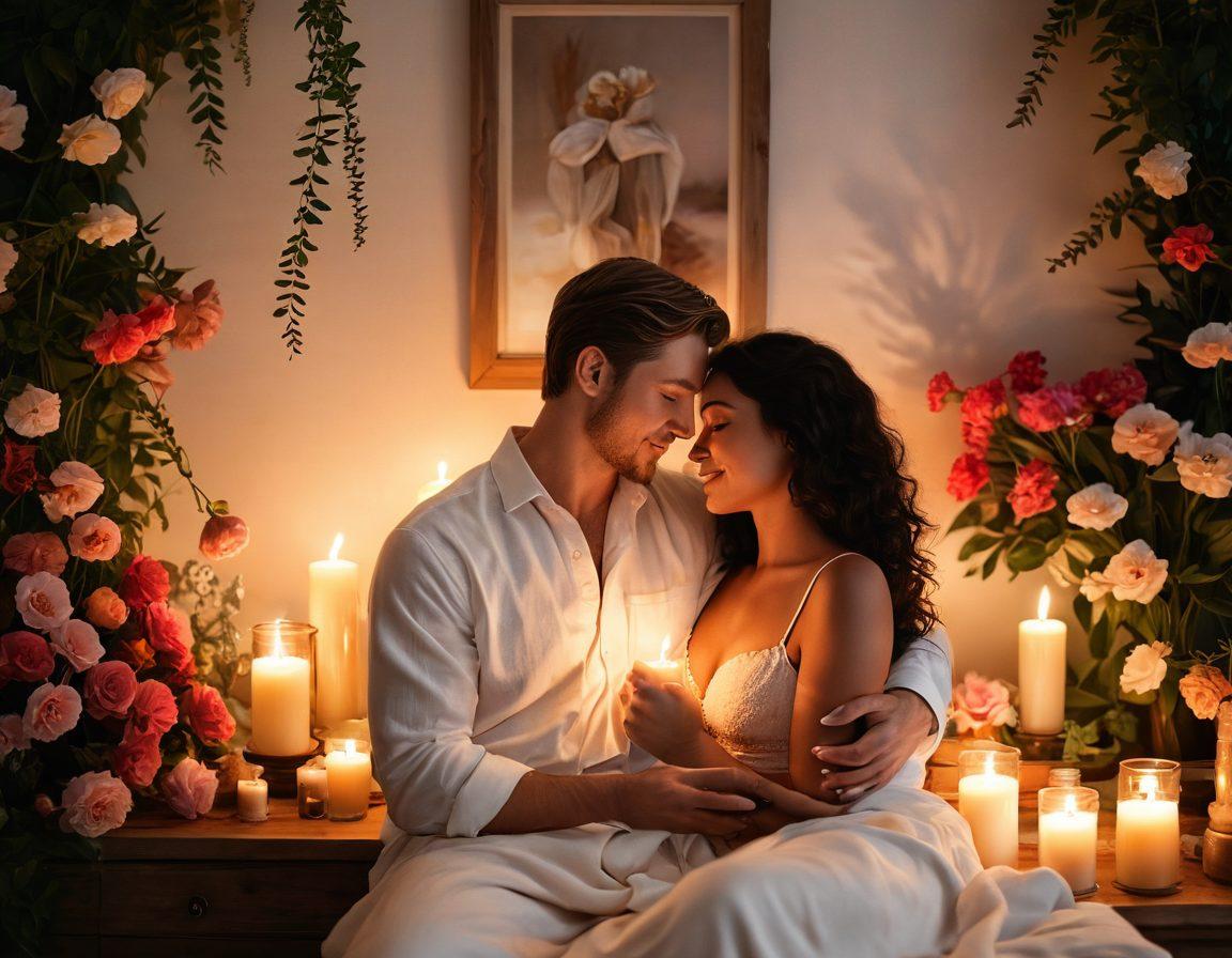 A cozy, intimate setting featuring a couple sharing a warm embrace, surrounded by soft candlelight and lush, aromatic flowers. Add subtle hints of sensual wellness items, like essential oils and soft textiles, while capturing their joyful expressions and connection. The background can have a dreamy atmosphere with a blend of warm colors and gentle light. surrealistic. vibrant colors. intimate atmosphere.