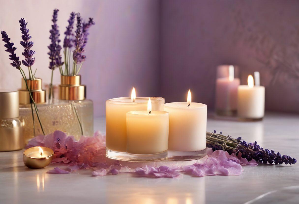 An inviting and serene setting with an array of intimacy products artfully arranged on a soft, textured surface. Gentle candlelight flickers, casting warm shadows, while delicate petals and calming lavender surround the products, evoking a sense of sensual wellness. The backdrop features soft pastel colors creating a blissful atmosphere. Adding a subtle hint of elegance with golden accents. super-realistic. vibrant colors. soft focus.